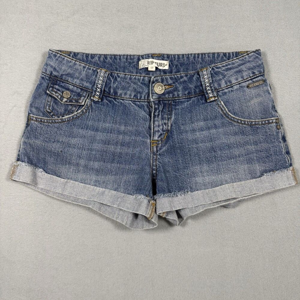 Rip Curl Denim Jean Shorts Womens Cuffed Distressed Low Rise X-Stitch Surf